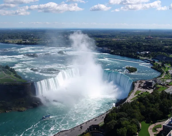 Horseshoe Falls at Niagara from above, mist rising over the gorge